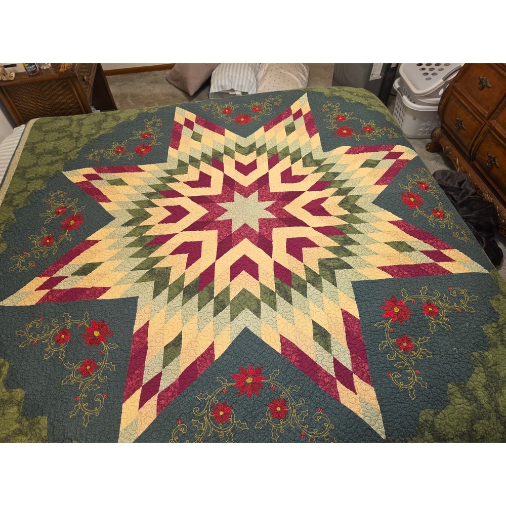 Handcrafted Lonestar Cotton Quilt Poinsettia Embroidered Christmas 90x90 Green